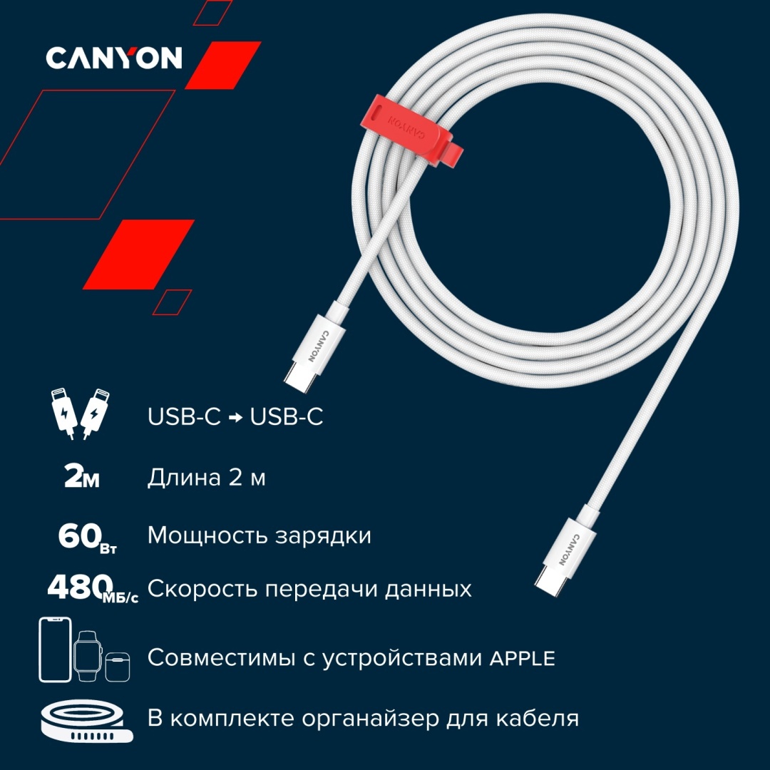 Кабель Canyon USB TypeC (M), USB 4 Type-C (M), 2 м, CC60AB белый