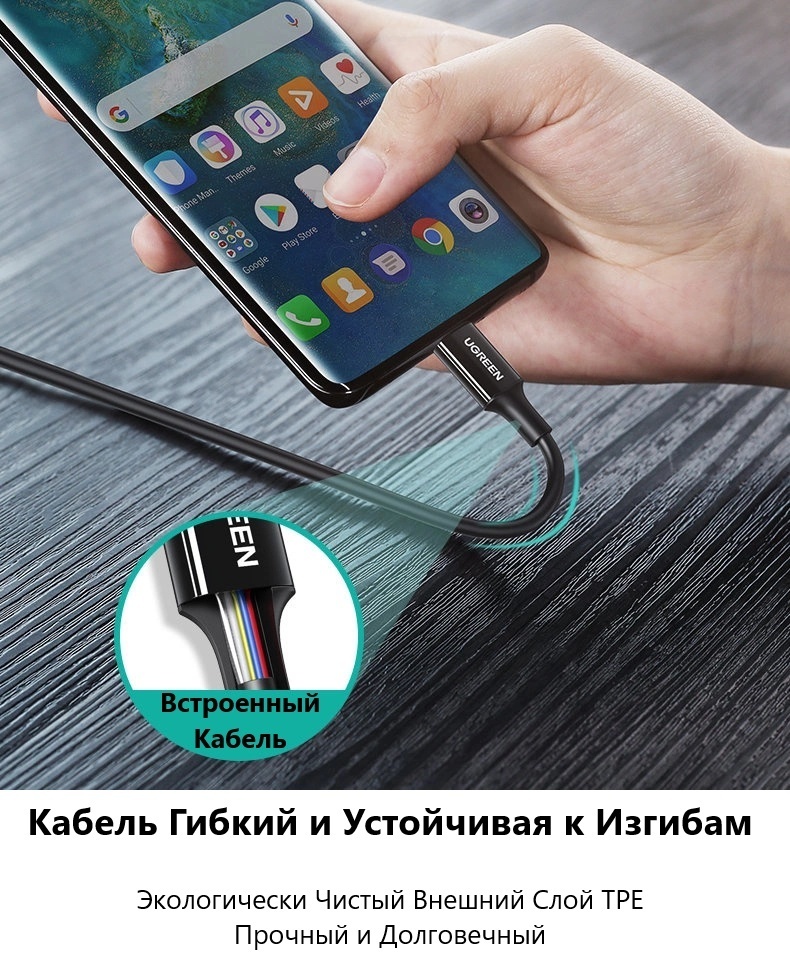 Кабель Ugreen USB TypeC (M), 1 м, US300 USB-C 2.0 Charging Cable 100W 1m (Black) черный