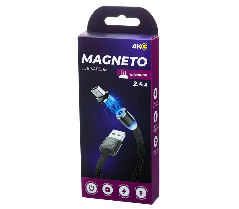 Кабель Акс Magneto КМЮ-011 USB microUSB магнитный коннектор 2.4А 1m БИ, черный