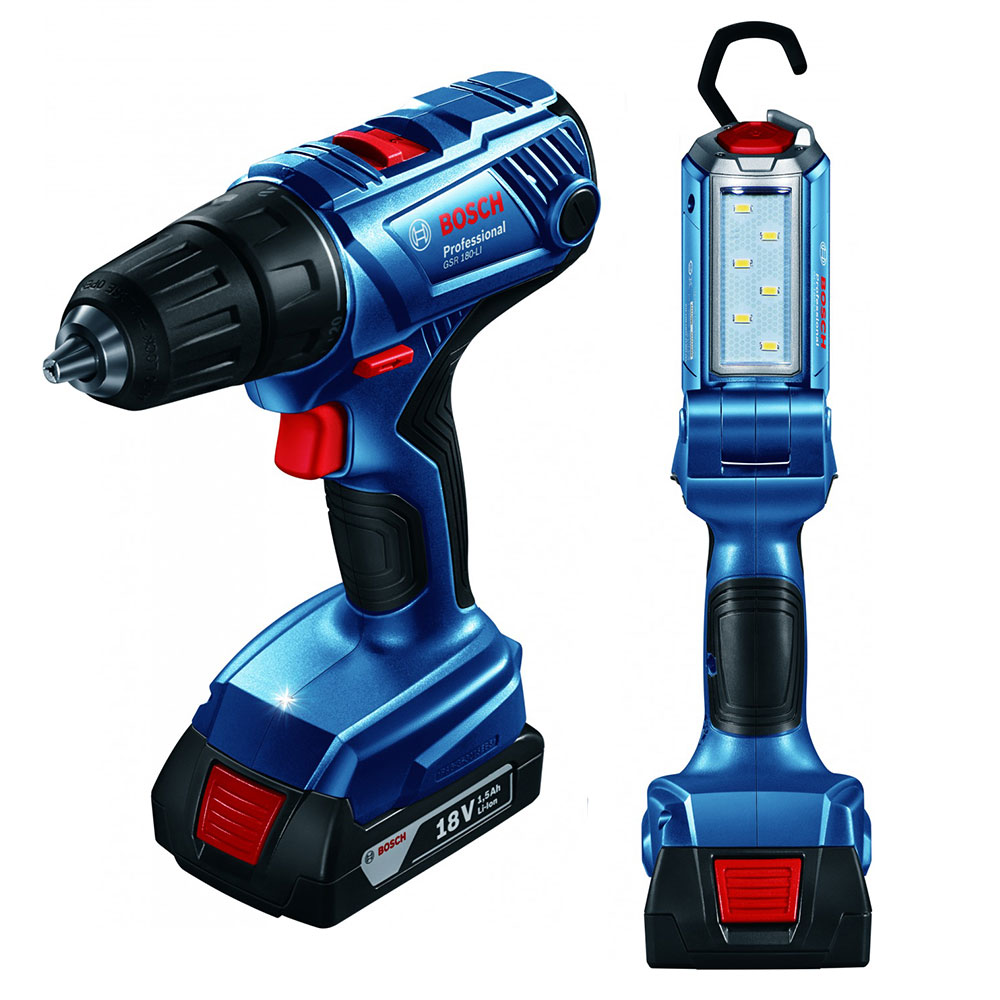 Аккумуляторная дрель-шуруповёрт Bosch GSR 180-LI + фонарь GLI 18V-300 Professional арт. 06019F8103
