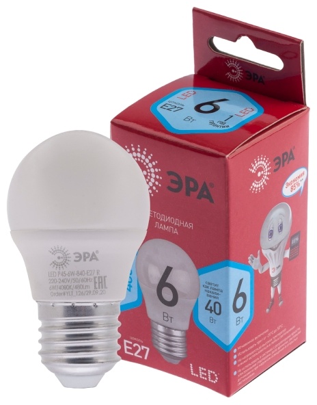 Лампочка ЭРА LED P45-6W-840-E27 R 6W E27 1 шт