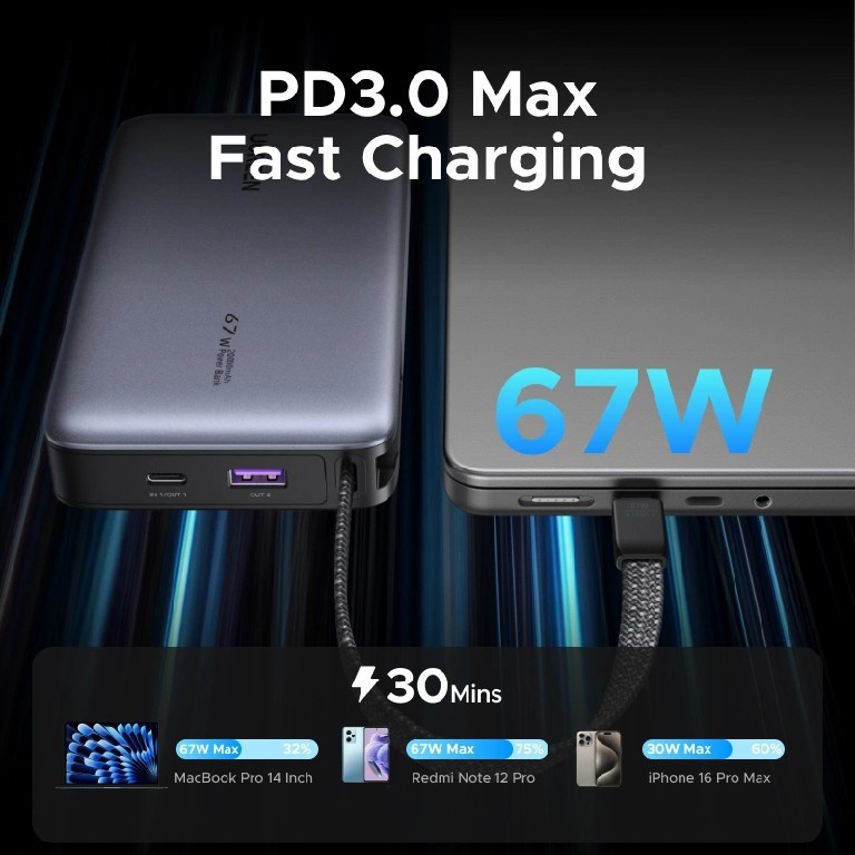 Внешний аккумулятор Ugreen PB550 20000 мАч 67 Вт темно-серый