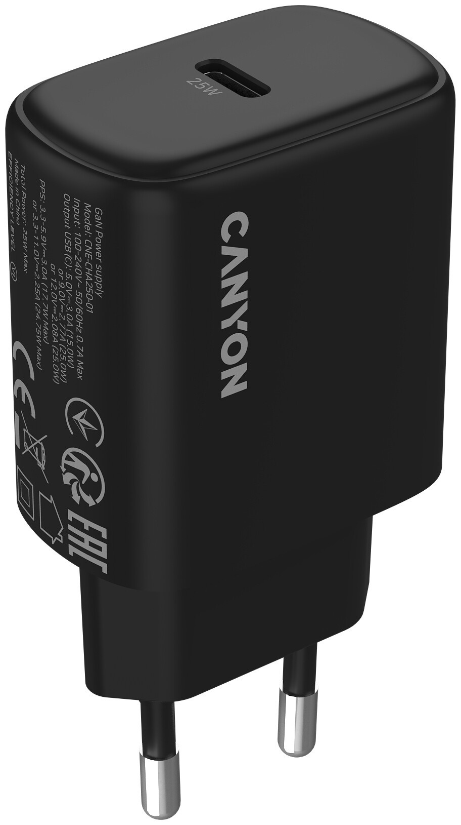 Зарядное устройство Сетевое зарядное устройство Canyon OnCharge 250, 25W 1xPD EU, Black