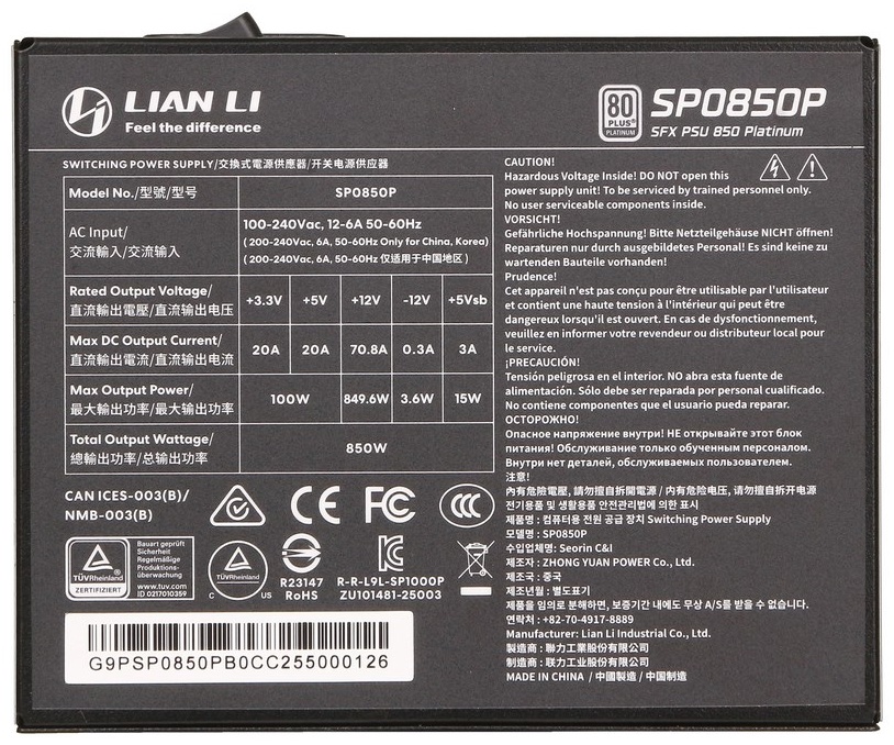 Блок питания LIAN LI SFX0850P G9P.SP0850P.B000.EU 850 Вт