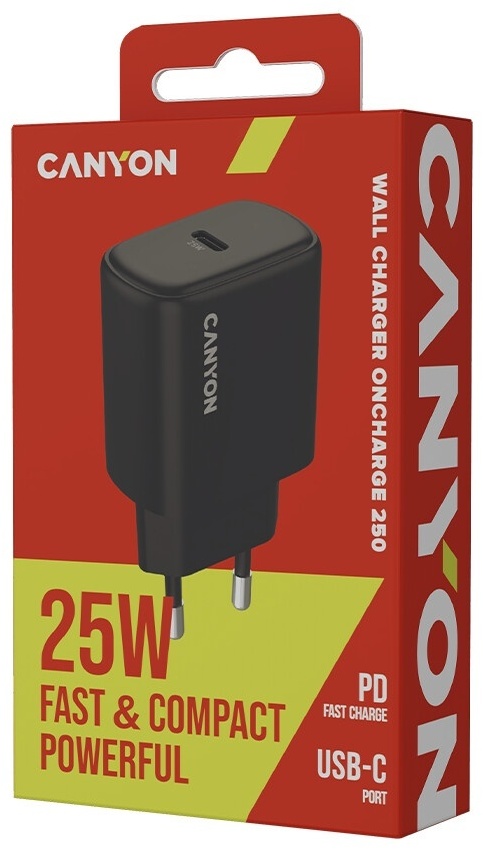 Зарядное устройство Сетевое зарядное устройство Canyon OnCharge 250, 25W 1xPD EU, Black