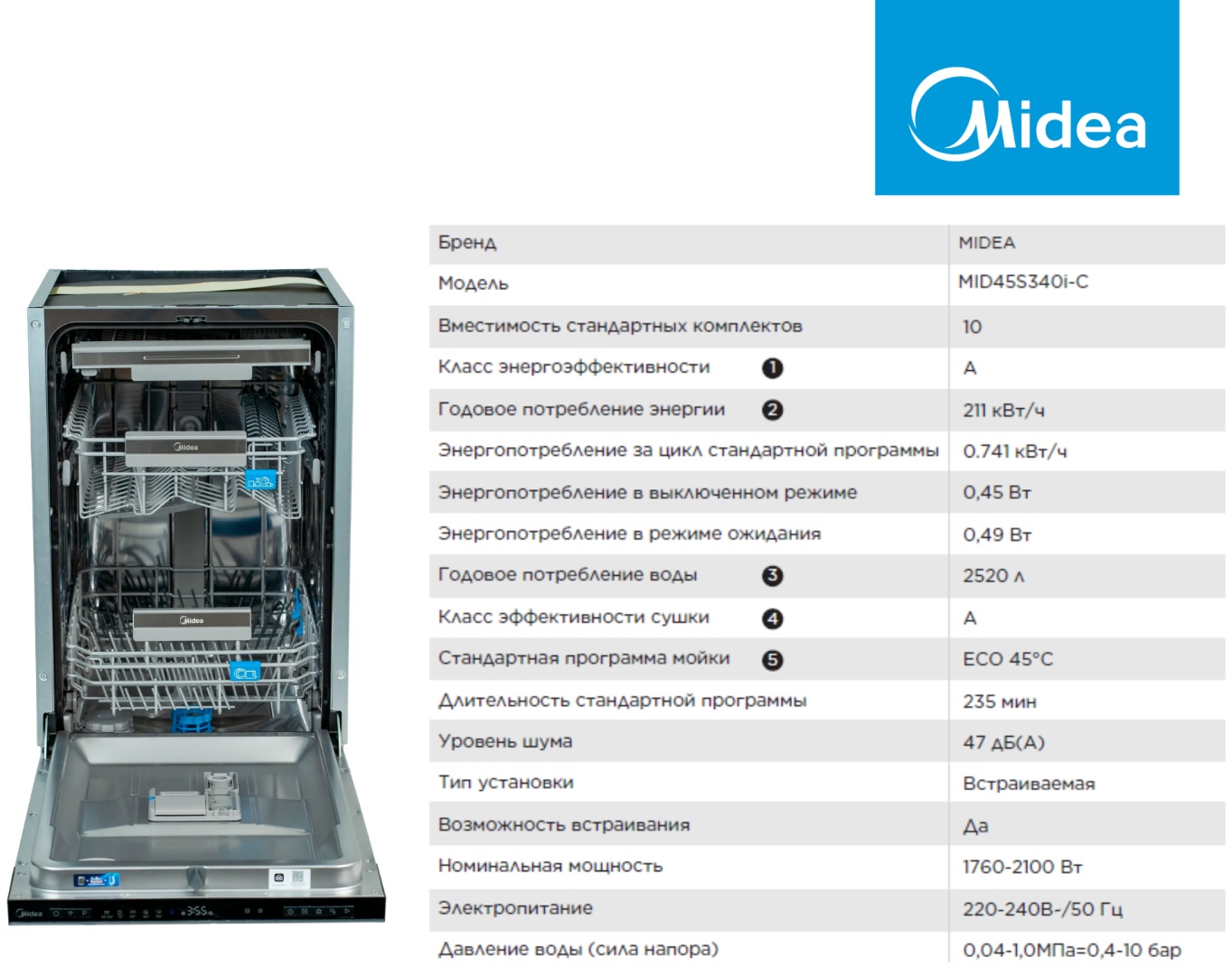 Посудомоечная машина Midea MID45S340i-C серый