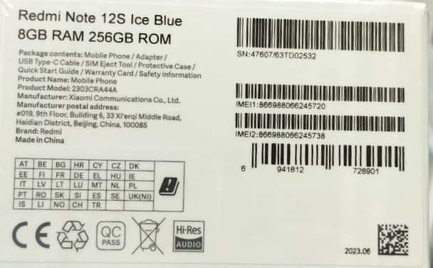 Смартфон Xiaomi Redmi Note 12S 8/256GB Ice Blue, голубой