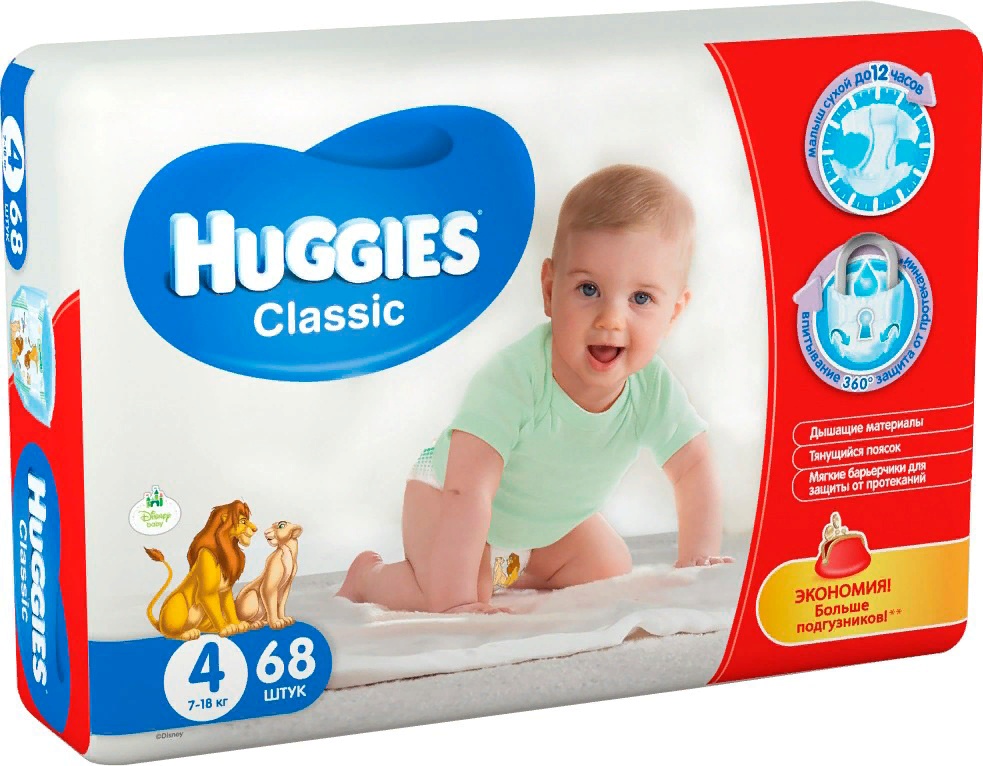 Подгузники Huggies Classic 4, Mega, 7-18 кг, 68 шт