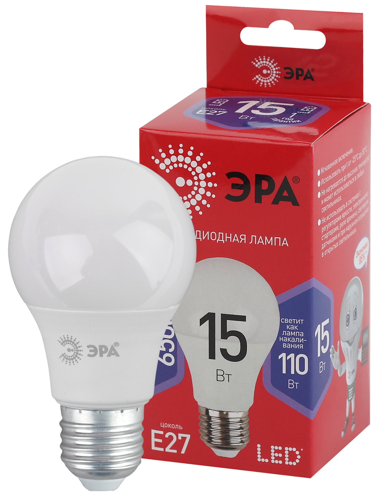 Лампа светодиодная ЭРА A60-15W-865-E27 R