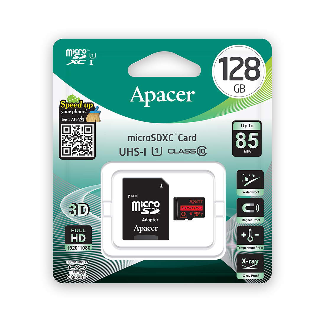 Карта памяти Apacer AP128GMCSX10U5-R Micro SDXC Class 10 UHS-I U1 с адаптером, 128Gb